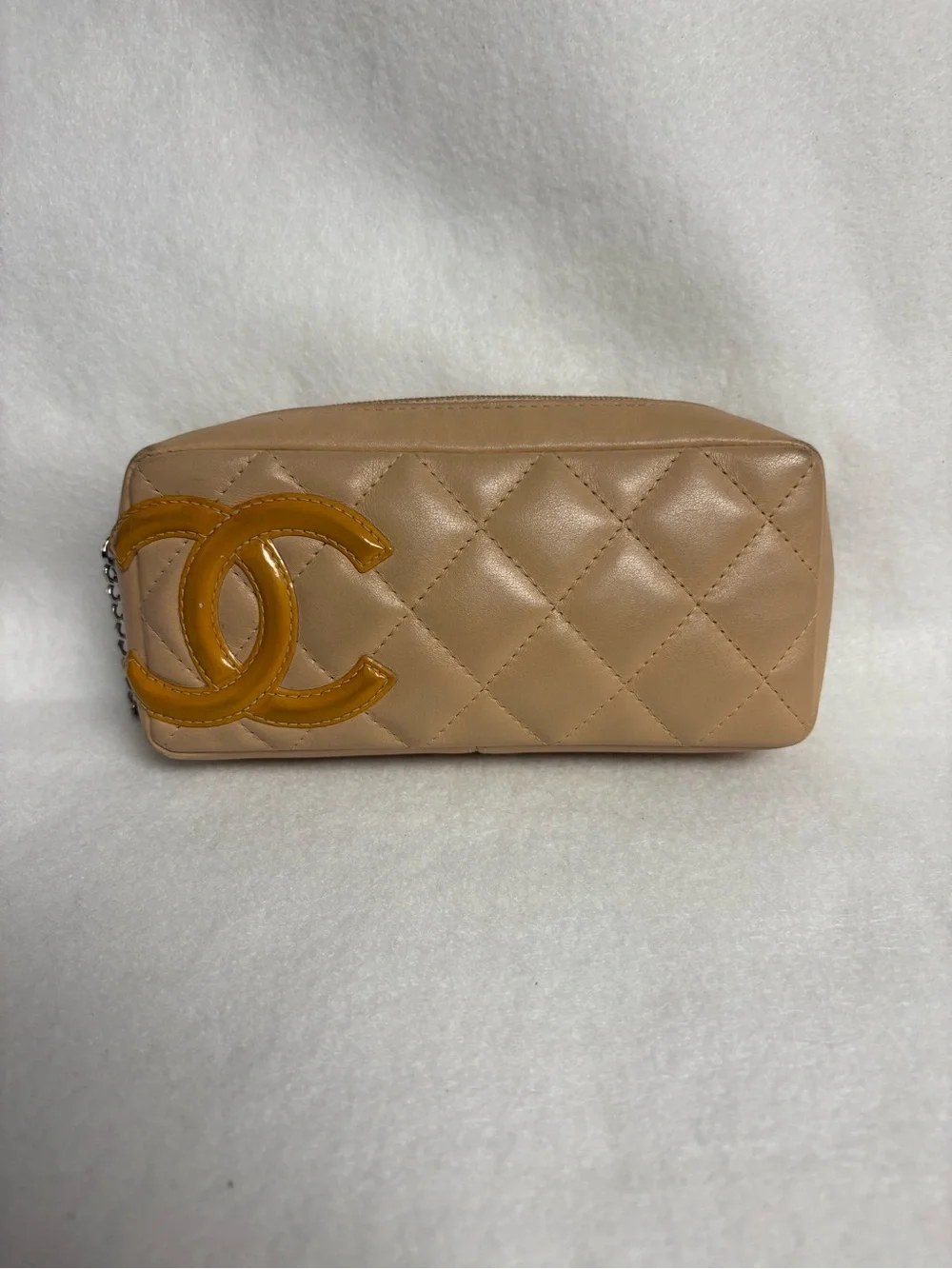 CHANEL Beige CAMBON Leather Pencil Case Make Up Pouch Orange Interior